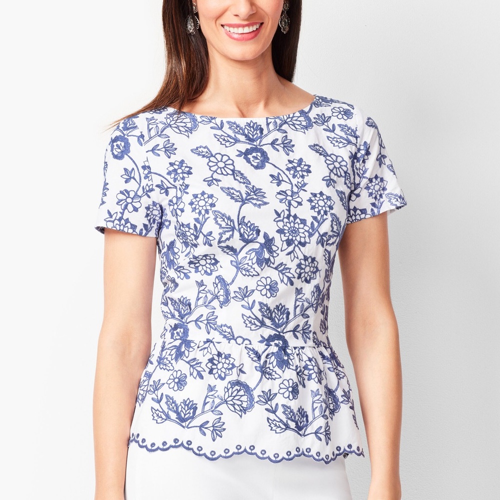 NWT EMBROIDERED FLORAL PEPLUM TOP